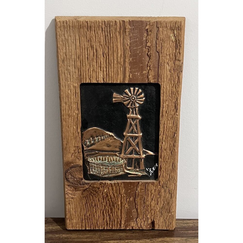 Stephen Brown Hand Tooled Leather Wall Art Live Edge Wood Frame Windmill Farm